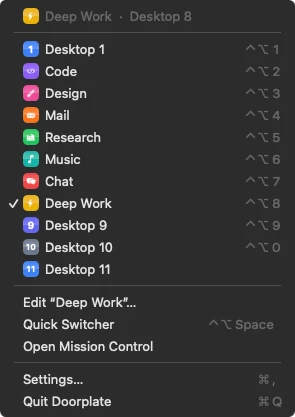 The right-click menu: every desktop with its shortcut, then Edit, Quick Switcher, Open Mission Control, Settings and Quit.