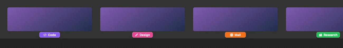 Mission Control thumbnails with a colored name pill under each: Code, Desktop 3, Desktop 4, Desktop 5.