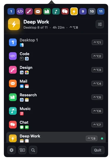 The menu bar popover: a strip of desktops, the current one named Deep Work with its time today, and a list of every desktop with the apps on it and its shortcut.