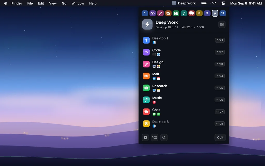 The menu bar item reading Deep Work, opened into a panel listing every desktop with its apps, the time spent today and its shortcut.