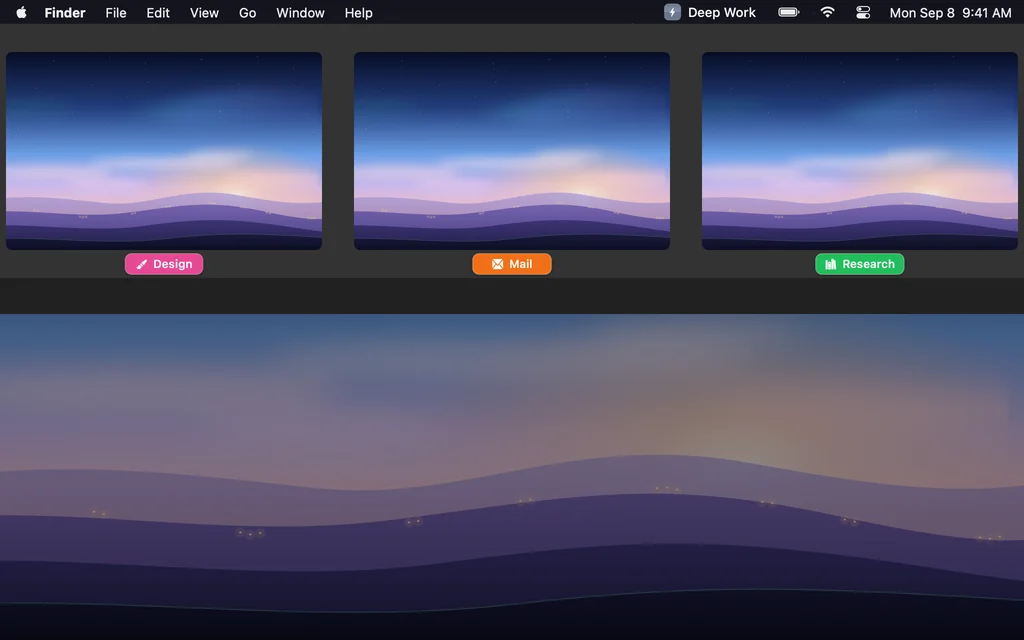 Mission Control with a colored name pill under each desktop thumbnail: Design, Mail and Research.