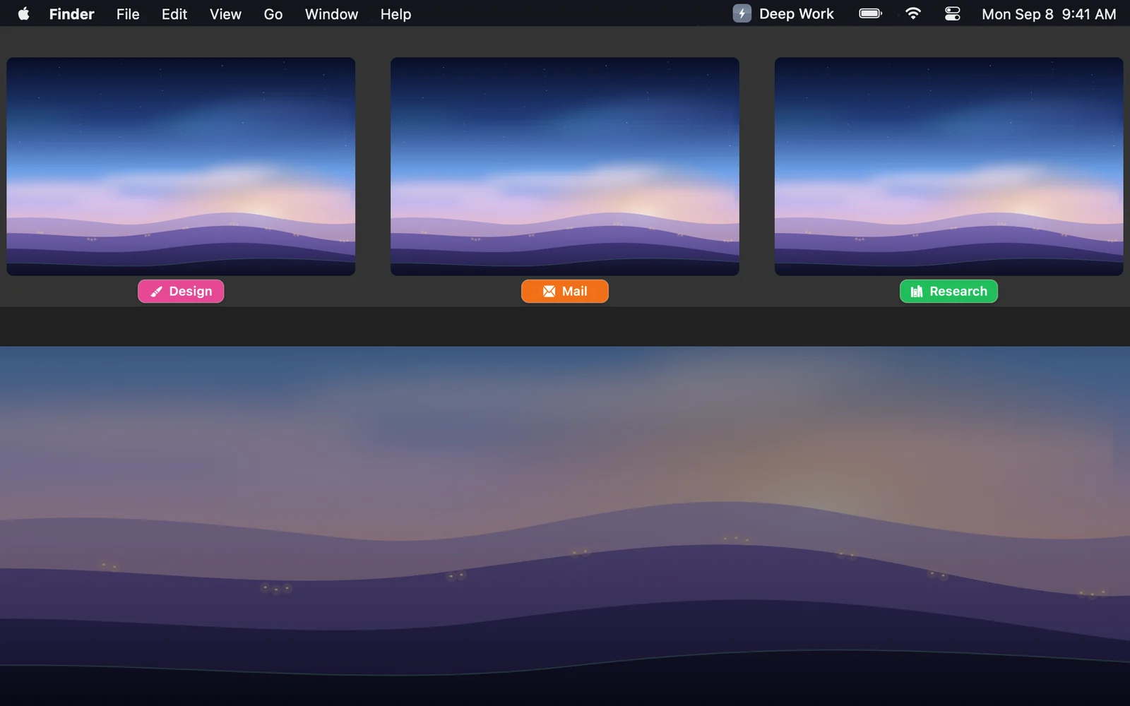 Mission Control with a colored name pill under each desktop thumbnail: Design, Mail and Research.