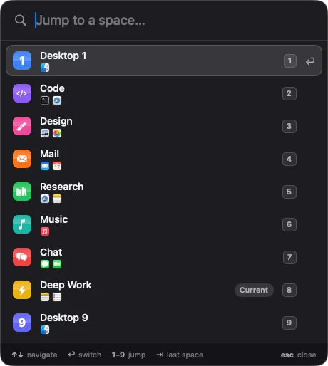 The Quick Switcher: a search field reading “Jump to a space…” above a list of desktops with numbered colored tiles and app icons.